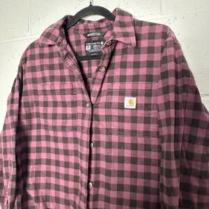 Carhartt Rugged Flex Flannel Shirt Womens Medium Loose Fit Purple Black Plaid